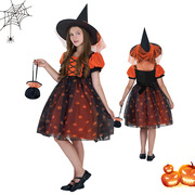 万圣节儿童服装女童南瓜，女巫cosplay橘色连衣裙，小精灵巫婆礼服裙