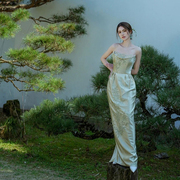 新中式晨袍女新娘结婚敬酒服主持人，订婚礼服高端轻奢小众连衣裙女