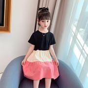 女童撞色连衣裙夏季韩版中大童时髦洋气蛋糕，裙女宝宝短袖童装裙子