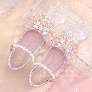 儿童蝴蝶结公主鞋甜美粉色小女孩，水钻单鞋闪亮银色女童水晶高跟鞋