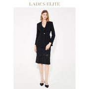 ladyselite慕裁黑色蕾丝拼接纱感醋酸，西装女2023秋气质通勤套装