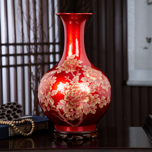 景德镇陶瓷器花瓶摆件中国红色，擦花现代中式家居客厅电视柜装饰品