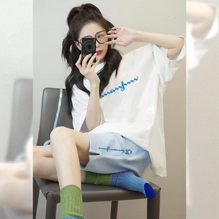 七彩冠军休闲运动套装女2024夏装搭配一整套白色，棉t恤配短裤