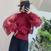 炸街网红时髦洋气毛衣欧根纱，拼接蝙蝠型慵懒风花边针织上衣