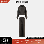 Basic House/百家好纯色慵懒风卫衣女2024春季高腰直筒裤套装