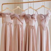宴会轻礼服粉色伴娘，服2023冬季缎面，小众高级感姐妹团晚礼服裙