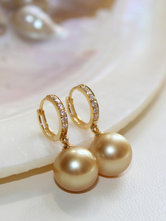 天然海水珍珠南洋金珠耳环18K黄金耳饰正圆极光浓金海珠厚实