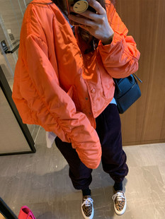 韩国2023秋冬季橙色短款薄款洋气军绿色，棉服棉衣外套
