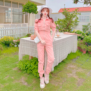韩版时尚工装连衣裤，小个子网红穿搭甜美糖果，色气质少女连体裤长裤