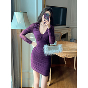 褶皱包臀显瘦长袖复古高腰连衣裙紫色法式修身网纱弹力性感短裙子