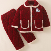 冬季法兰绒儿童睡衣加厚家居服套装，男童小女孩三层夹棉加绒珊瑚绒