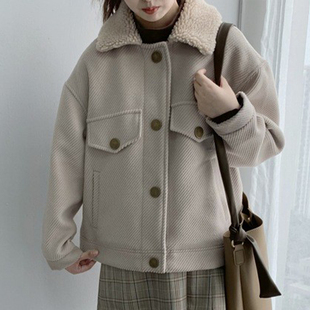 韩版宽松小个子呢子外套，女2024春秋羊羔毛领，加厚短款毛呢大衣