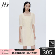 hs奥莱香风设计感小白裙2023春季女装法式方领短袖连衣裙商场同款