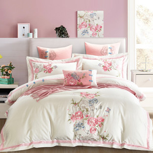 中式床品 纯棉四件套白色v粉色床单式4件套刺绣被套高档床上用品