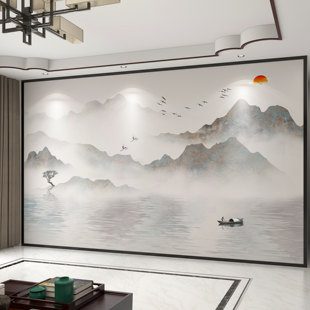8d电视背景墙，新中式3d立体山水水墨定制壁画