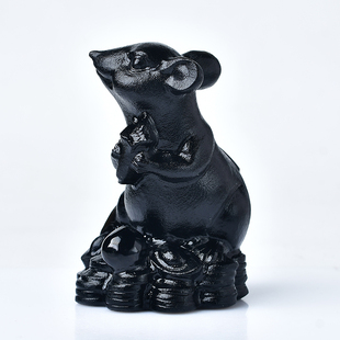 本命年老鼠生肖老鼠吉祥物招财鼠寻宝鼠十二生肖雕刻件摆件黑曜石