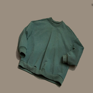 2024春季运动休闲套装油绿色单股粗棉纱厚实保暖小圆领卫衣