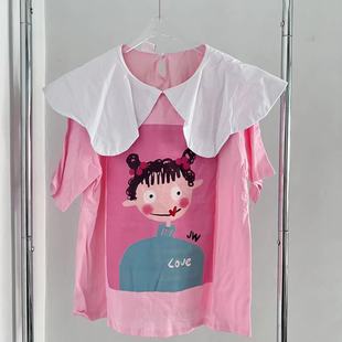 可爱娃娃领撞色短袖甜美粉色上衣夏季韩版宽松百搭T恤女