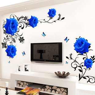 墙纸自粘卧室客厅蓝玫瑰墙，贴纸电视背景墙贴画，房间玄关装饰品贴花