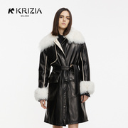 kkrizia冬季黑色皮草，毛领大气腰带，中长款皮衣羽绒服女