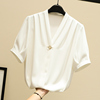 白色衬衫女短袖雪纺衫2023夏装韩版v领套头上衣洋气小衫衬衣