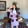 花妖原创2023夏季复古蕾丝荷叶边香芋紫色泡泡袖衬衫短裙两件套装