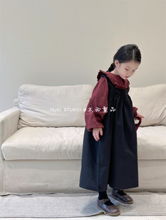 木西童品2023秋韩国版女童，森系黑色背心长裙，+酒红荷叶领衬衫套装