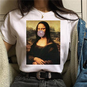 Mona Lisa Print欧美风搞笑恶搞白色t恤女短袖辣妹印花春夏原宿风