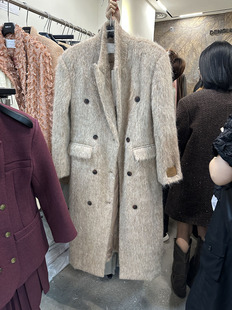 DENGLU2023冬季韩版宽松双排扣长毛呢长款卡其色西装大衣外套