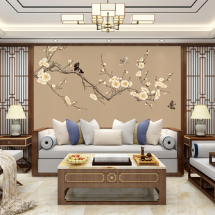 新中式花鸟梅花影视墙壁画定制 客厅卧室沙发壁纸 书房无纺布墙纸