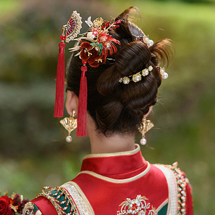 秀禾头饰绒花长流苏发簪，旗袍头饰新中式减龄龙凤，褂头饰女新娘秀禾