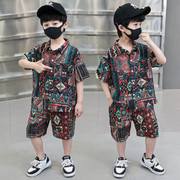 男童套装夏季洋气宝宝时髦1帅酷2花衬衫6中国风3短袖小男孩4薄5岁