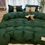 ins潮流时尚墨绿色纯棉全棉四件套纯色床单被套学生宿舍三件套1.8