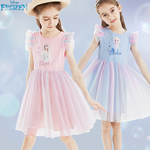 迪士尼女童公主裙艾莎连衣裙夏装，儿童裙子中大童，女孩2024纱裙