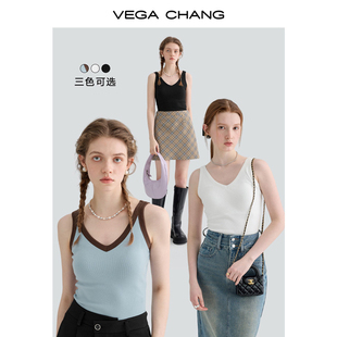 vegachang吊带上衣女带胸垫，2024年春显瘦辣妹风针织v领背心
