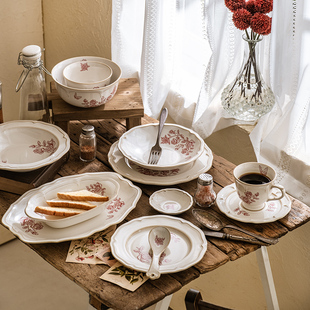 tinyhome欧式复古白均釉红玫瑰花，陶瓷餐具法式汤盘鱼盘平盘米饭碗