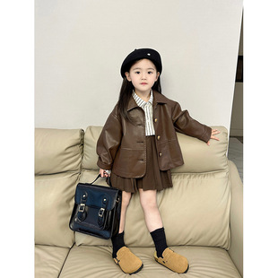 女童春装套装小女孩韩版甜酷时髦机车皮衣夹克外套衬衫百褶裙