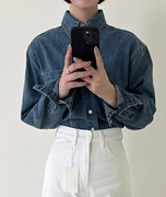 韩国休闲美式复古实用短款牛仔衬衫配高腰直筒白色牛仔裤