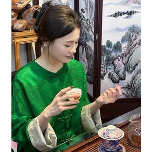 新中式女装上衣唐装中国风禅意，设计感绿色宋锦外套2024年春装