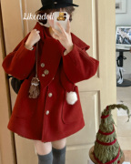 doll原创魔法学院红色呢外套，女冬季宽松小个子圣诞新年大衣