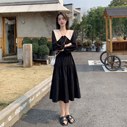 赫本风法式黑色长袖娃娃，领连衣裙女2024春季显瘦气质蛋糕裙子
