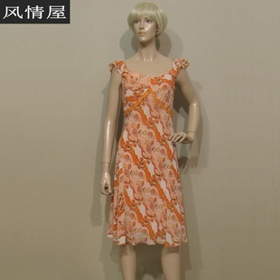女装迪妮橙色印花连衣裙夏季清凉修身斜裁无袖低价销售