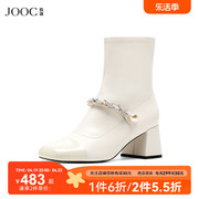 JOOC玖诗粗跟短靴女2024春季法式小香风圆头气质时装靴子7044