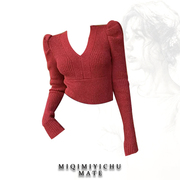 红色v领长袖针织打底衫，女装春季泡泡，袖紧身显瘦短款内搭上衣毛衣