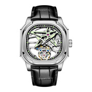  品牌手表男皮带时尚瑞士机械陀飞轮方形真皮夜光国产腕表