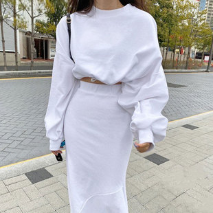 韩国chic秋季简约气质圆领，长袖套头卫衣+高腰，系带包臀鱼尾半身裙