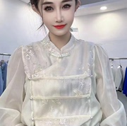 新中式国风外套女2024年春秋高级感别致漂亮欧根纱长袖衬衫
