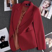 酒红色韩版休闲小西装外套，女2024春秋收腰气质高级感西服上衣