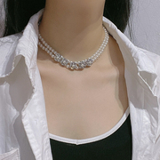 气质双层珍珠项链女镶钻花朵拼接颈链，锁骨链复古港风小众设计配饰