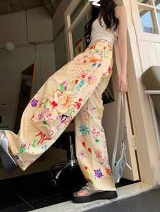 美式复古彩色设计感高腰显瘦休闲xg涂鸦花卉系列 工装裤/工装半裙